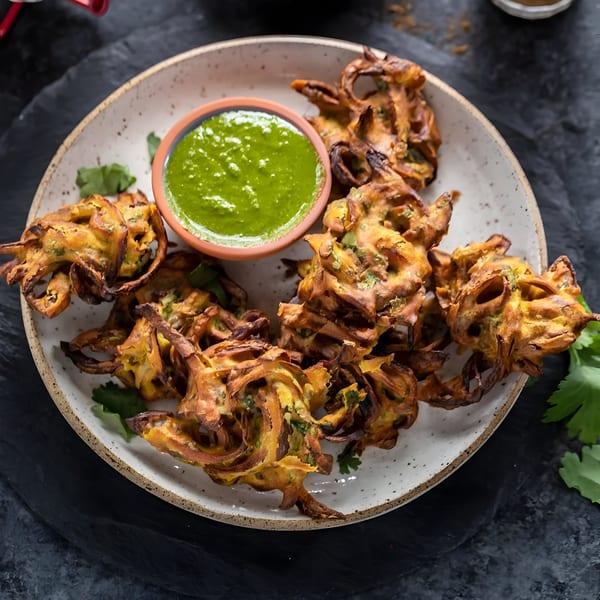 Crispy golden-brown Indian pakoras with fresh cilantro, served with a vibrant green dipping sauce.