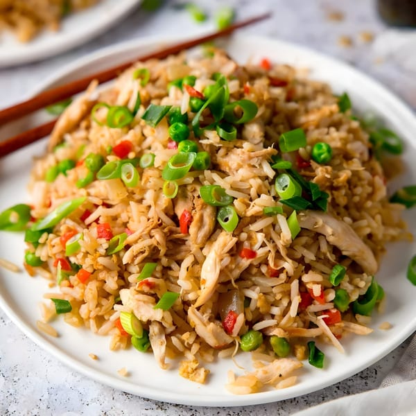 Himalayan Grill's chicken fried rice with peas, red peppers, and green onions, with chopsticks.